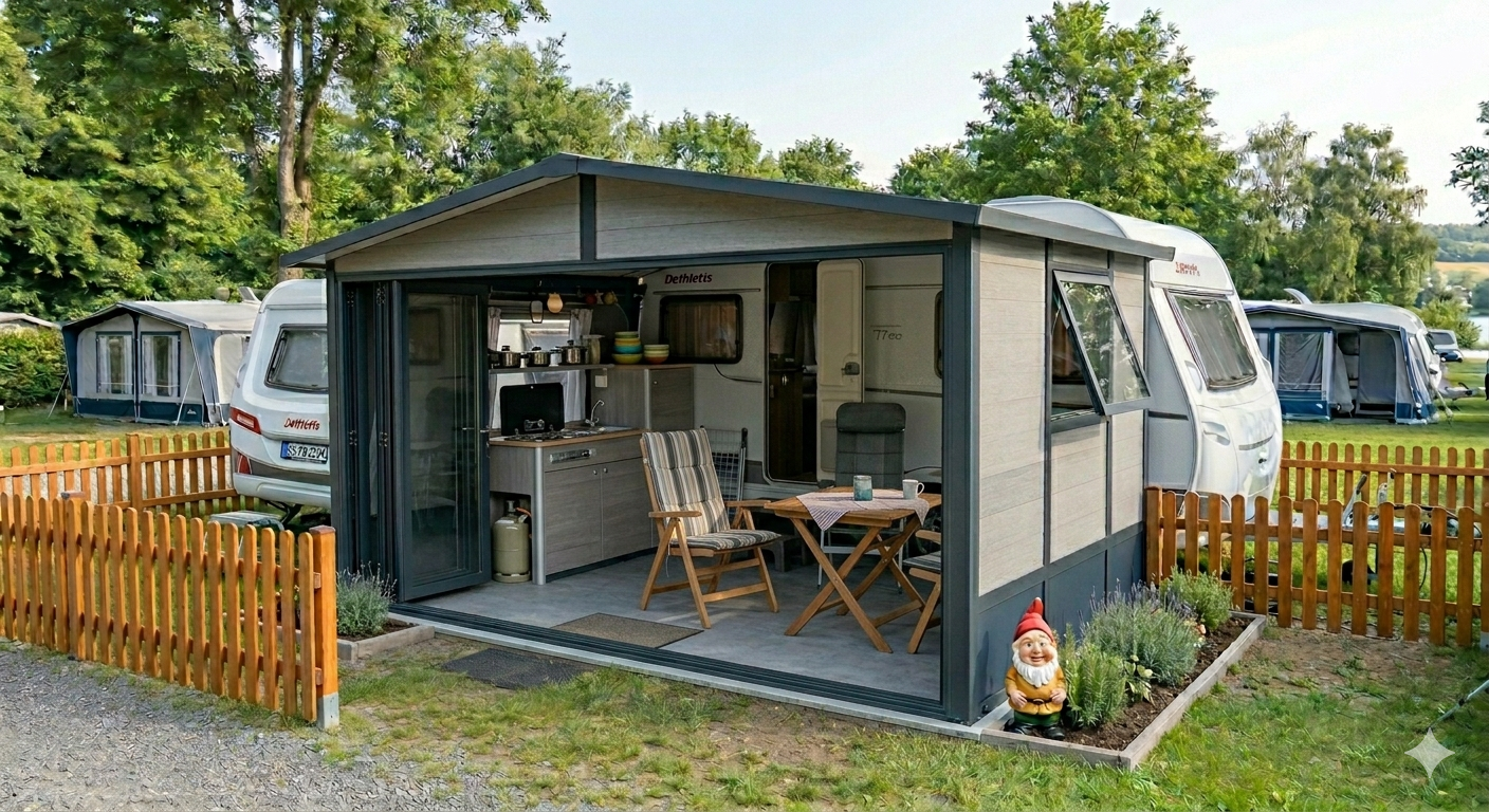 Wohnwagen mit festem Vorzelt und Flüssiggasanlage als vorübergehende Wohneinheit